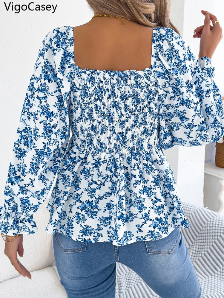 VigoCasey 2025 Spring Floral Print T-shirt Casual Women Lantern Long Sleeve Top Autumn Lady Square Neck Casual Club Short Tops
