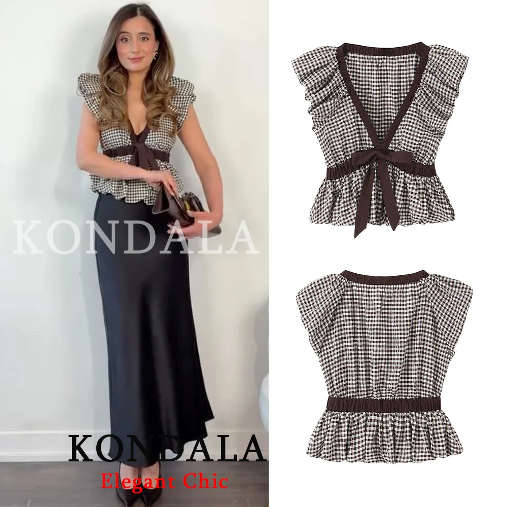 KONDALA Women Trendy Vacation Balloon Plaid Tops Bow Tie Top New 2026 Spring Summer Fashion Vintage Party Date Casual Lady Top