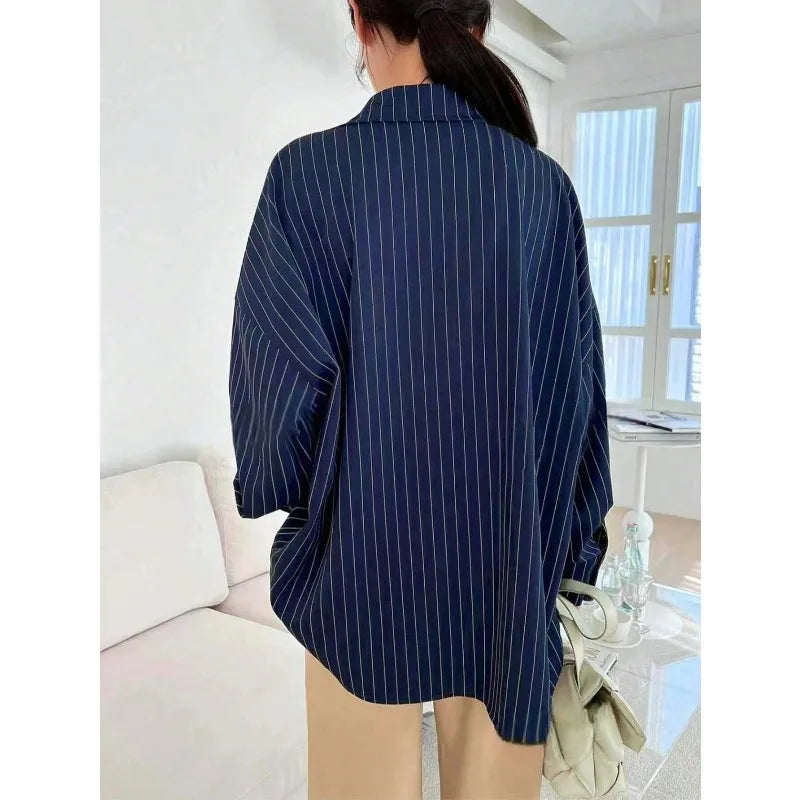 Plus Size Women's Elegant Long Sleeve Turn-down Collar Casual Baggy Shirts Women Vintage Classic Striped Blouse ﻿