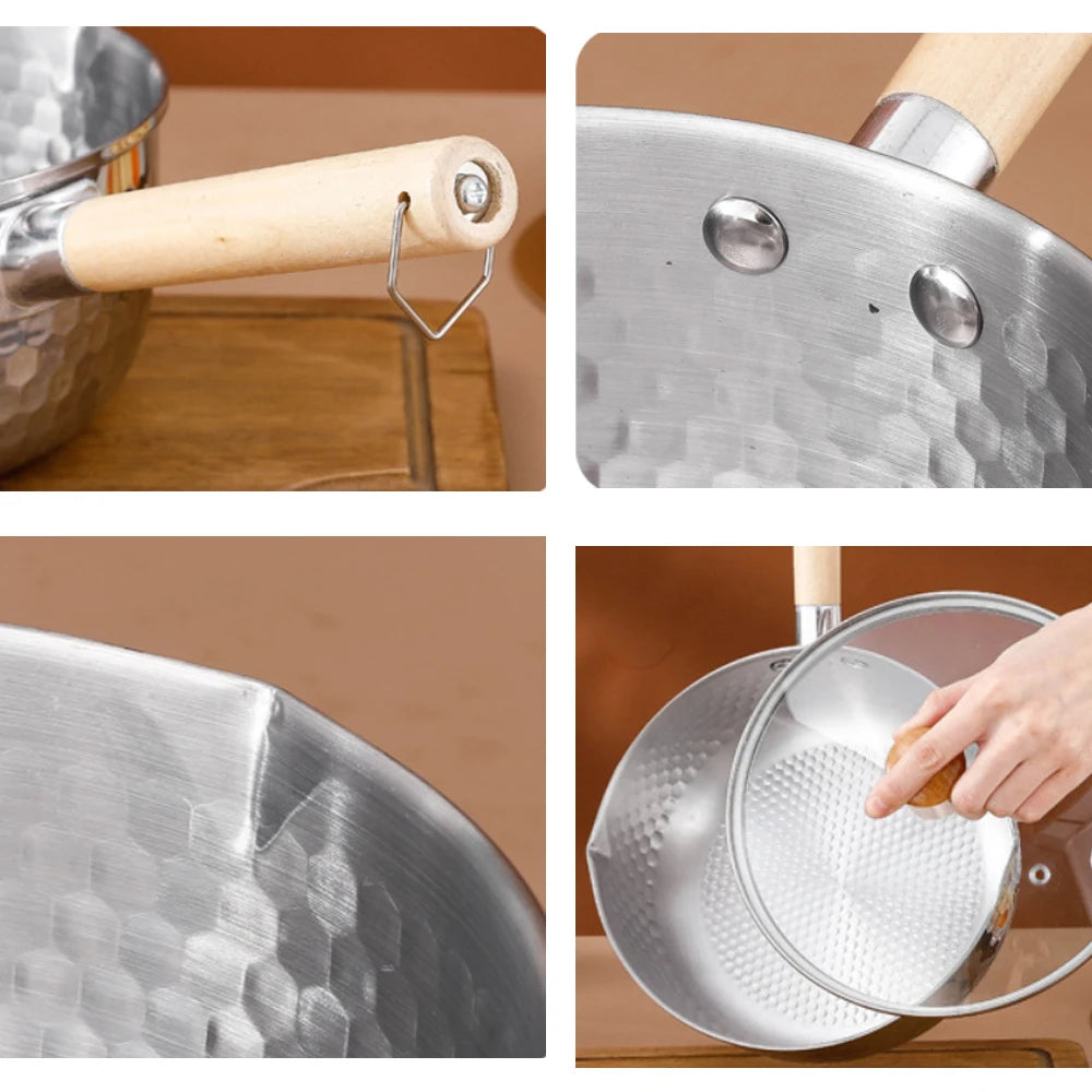 430 Stainless Steel Soup Pot Japanese-style Snow Pot Flat Bottom Non-stick Wok Wooden Handle Stew Pot Milk Pot Kitchen Cookware
