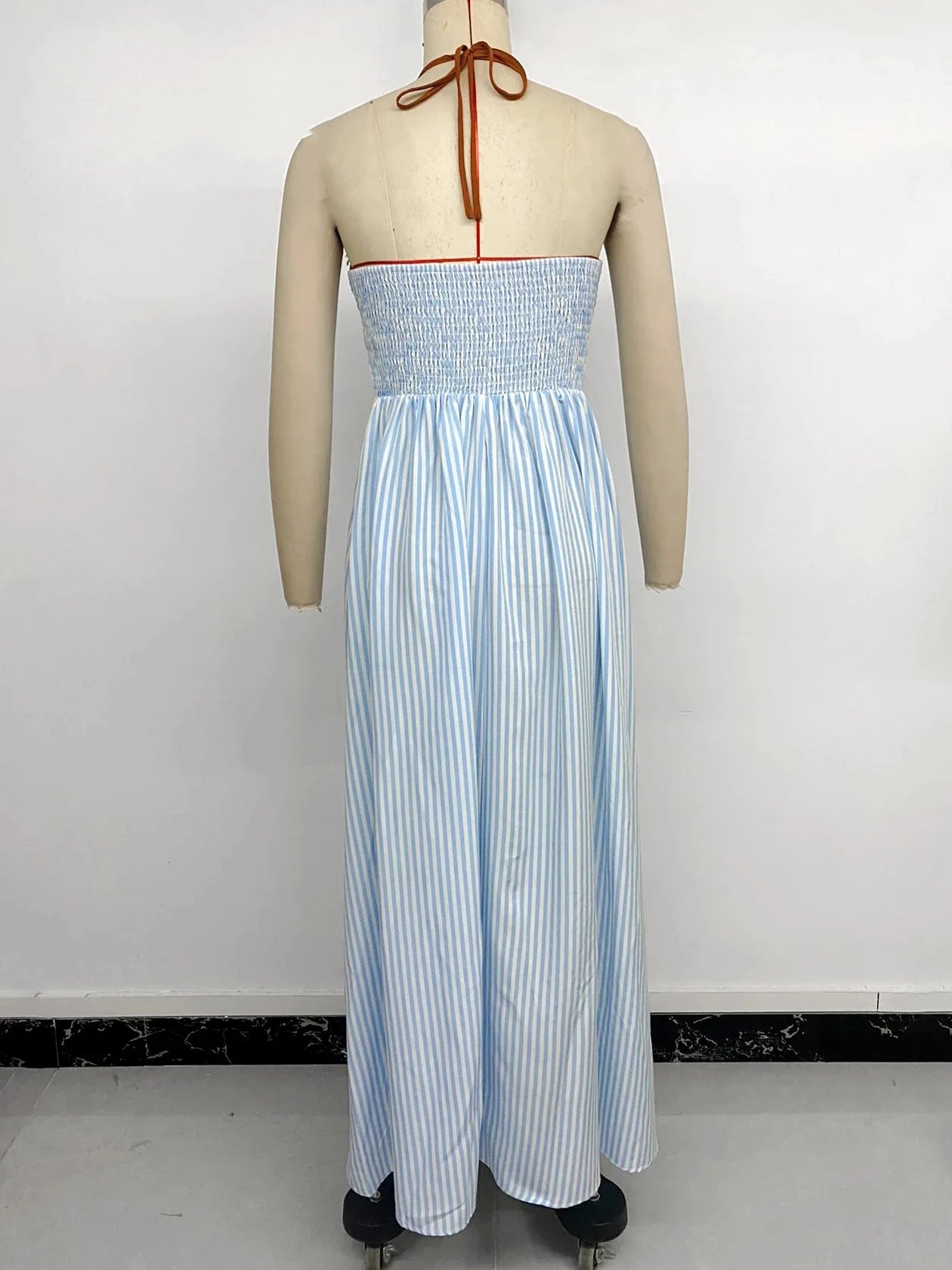 Summer Blue Striped Backless Beach Dress Women Sexy Halter V-neck Sleeveless Maxi Dress Female Holiday Party Dress 2026 New