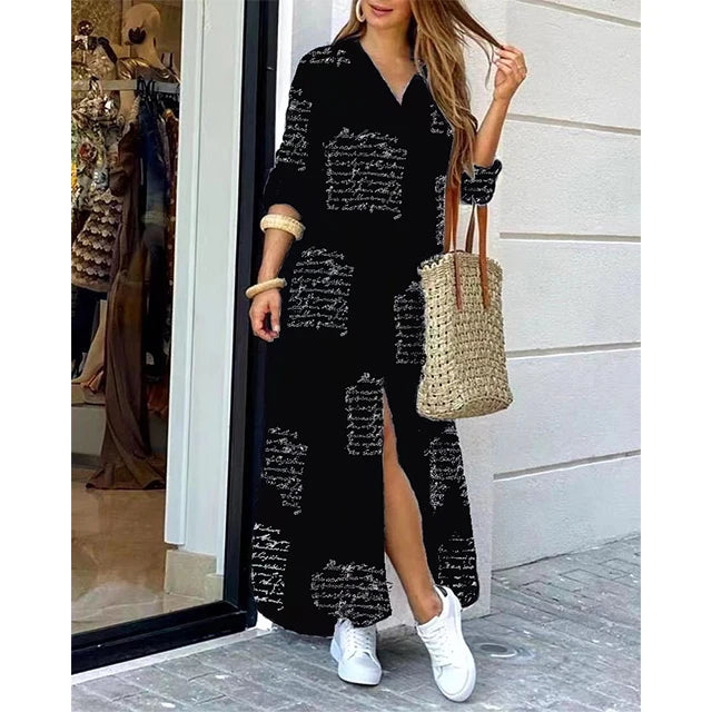 New Autumn Long Dress Long Sleeve Shirt Dress Women Denim Long Dresses Pocket Button Shirt Print Dress Casual Loose Dresses 2023