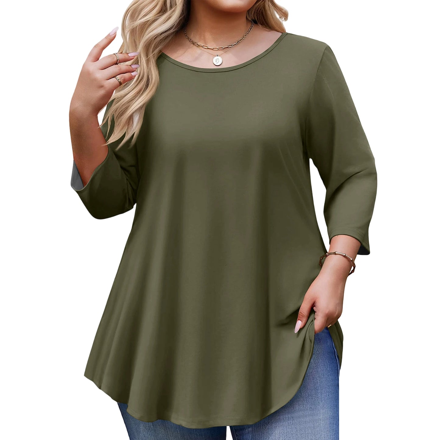 Spring Fall Women's Plus Size Long-sleeved Top, Solid Color Round Neck Curved Hem Loose T-shirt Spring Autumn Casual Top Mujer