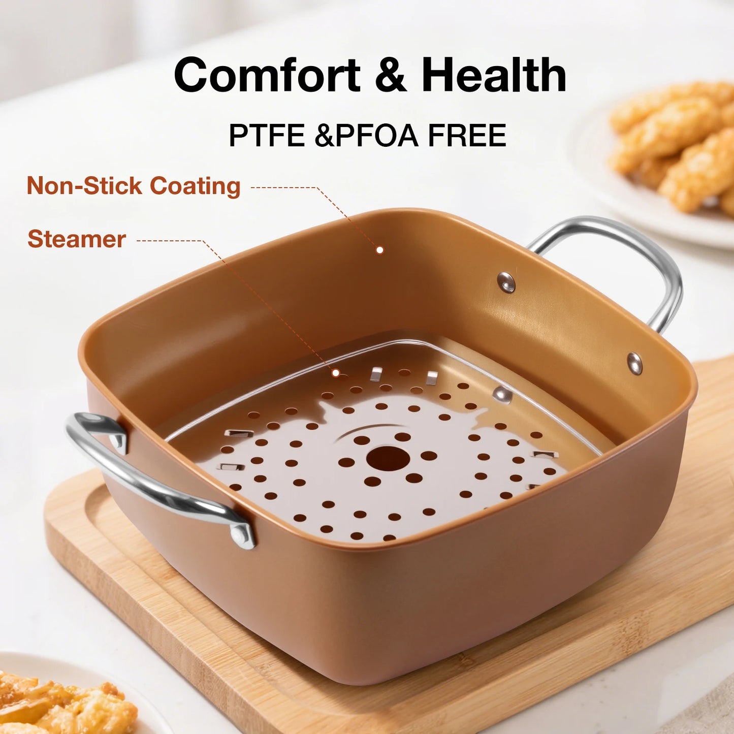 9.5” Non Stick Deep Frying Pan with Fry Basket Steamer Rack and Glass Lid Multi-Large Cooking Pan Stove Suitable Dishwasher Safe