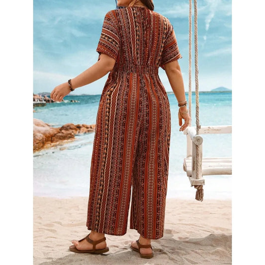 Plus Size 1XL-5XL Fashion Women's New Casual Print Short Sleeve Jumpsuit