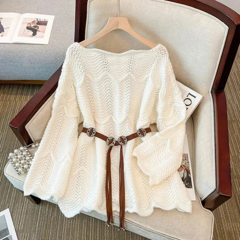 Slimming Knitted Sweater Long Sleeve Pure Color Belted Waist Design Fashionable Anti-Aging Large Size Women's Clothing