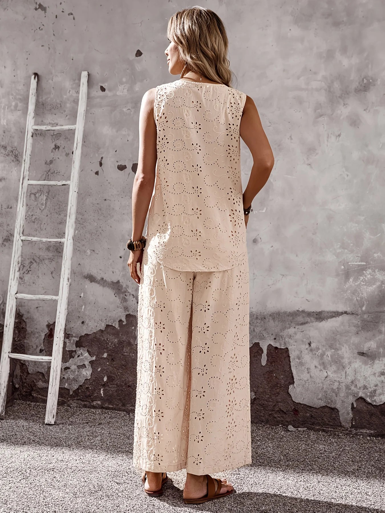 Women's Eyelet Embroidery Two Piece Outfit Sleeveless Round Neck Tie Waist Top Wide Leg Pants Set Casual Boho Beachwear