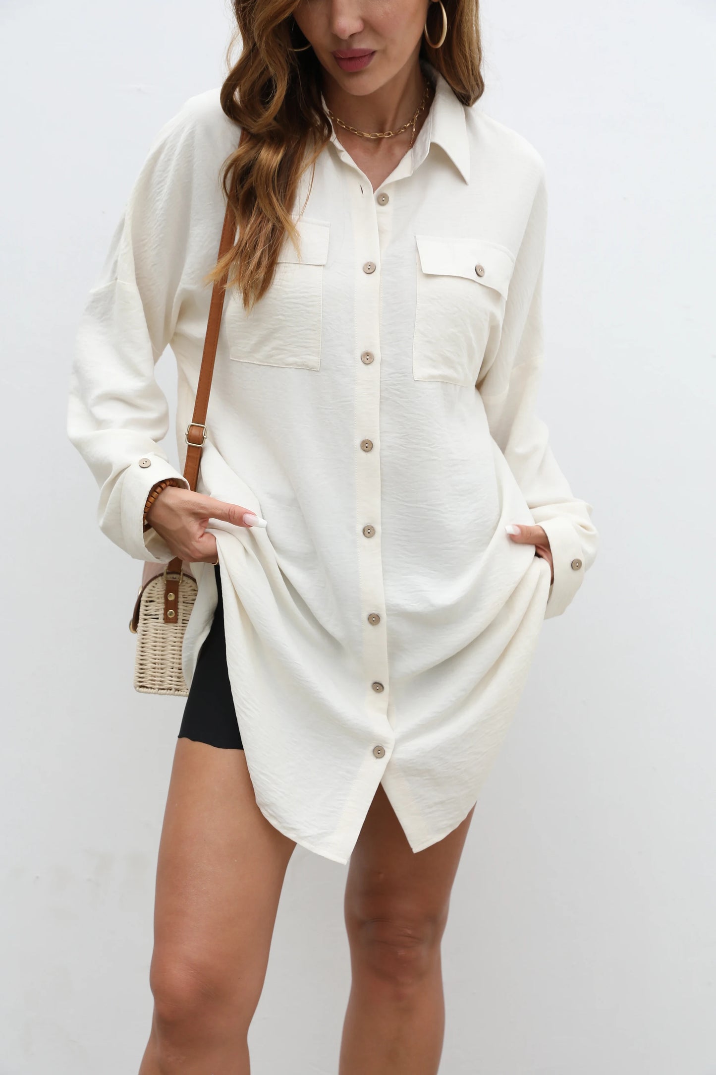 Creamy White Women's Loose Tie-Front Shirt, Long Sleeve Button-Down Top with Pockets