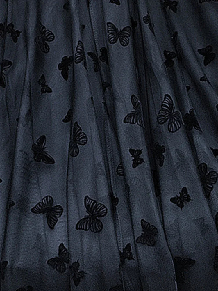 Butterfly Flocking Tulle Long Skirt Women Aesthetic Casual A Line Elastic High Waist Midi Mesh Skirt Female Black