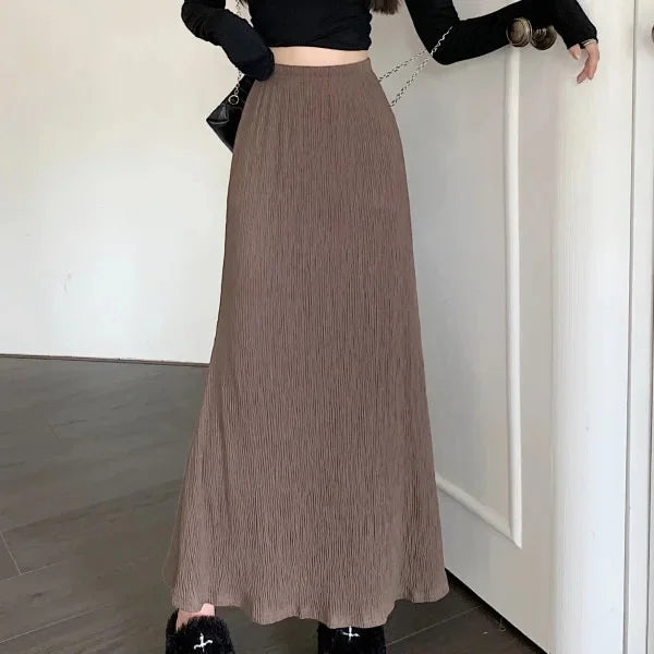 High Waist A- Line Pleated Skirt Women's Casual Lazy Style Spring Summer New Slimming Midi Dress Polyester Fiber Plain Color