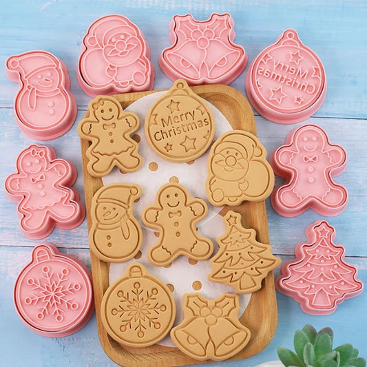 Christmas Cookie Cutters Press 8Pcs Santa Claus Biscuit Mold Plastic Cookie Stamp Confectionery Kitchen Baking Pastry Tools