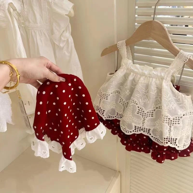2025 New Strap Little Red Riding Hood Set Summer Cute Girl Hook Flower Western Style Tank Top Polka Pants Skirt Three Piece Set