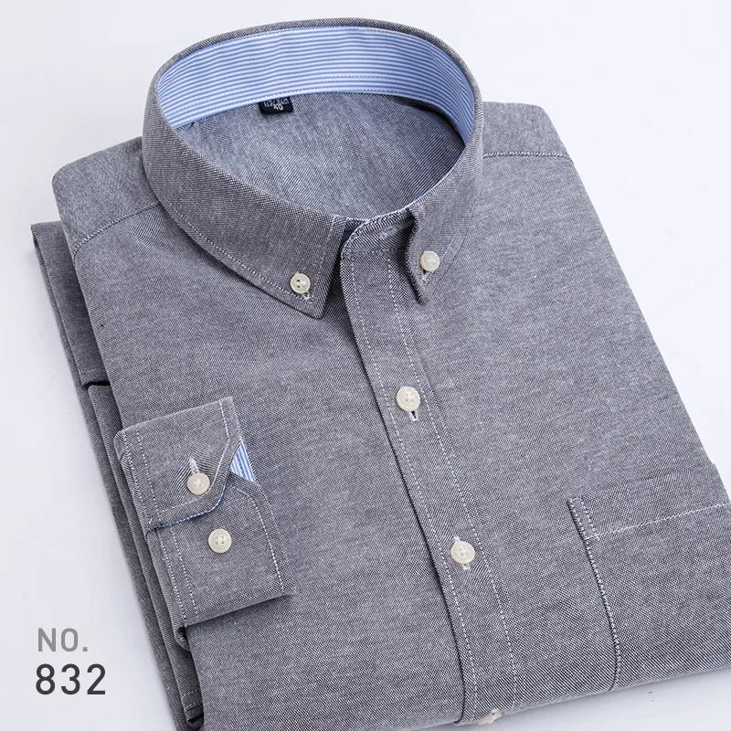 Mens Striped Plaid Oxford Spinning Casual Long Sleeve Shirt Comfortable Breathable Collar Button Design Slim Male Business Dress