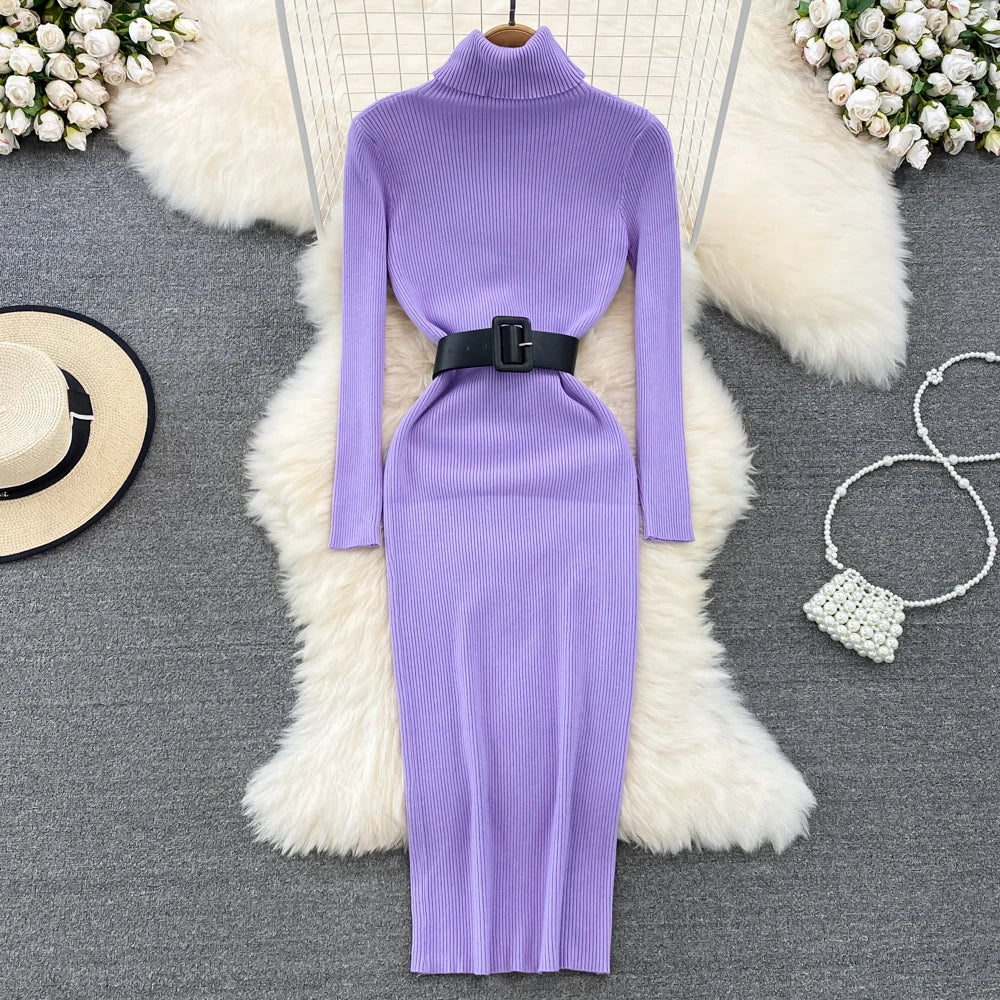 REALEFT Autumn Winter 2025 New Turtleneck Women's Knitted Dresses with Belted Long Sleeve Elegant Bodycon Wrap Dress Female