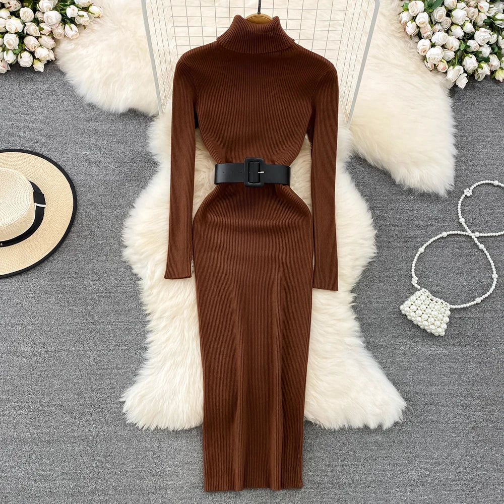 REALEFT Autumn Winter 2025 New Turtleneck Women's Knitted Dresses with Belted Long Sleeve Elegant Bodycon Wrap Dress Female