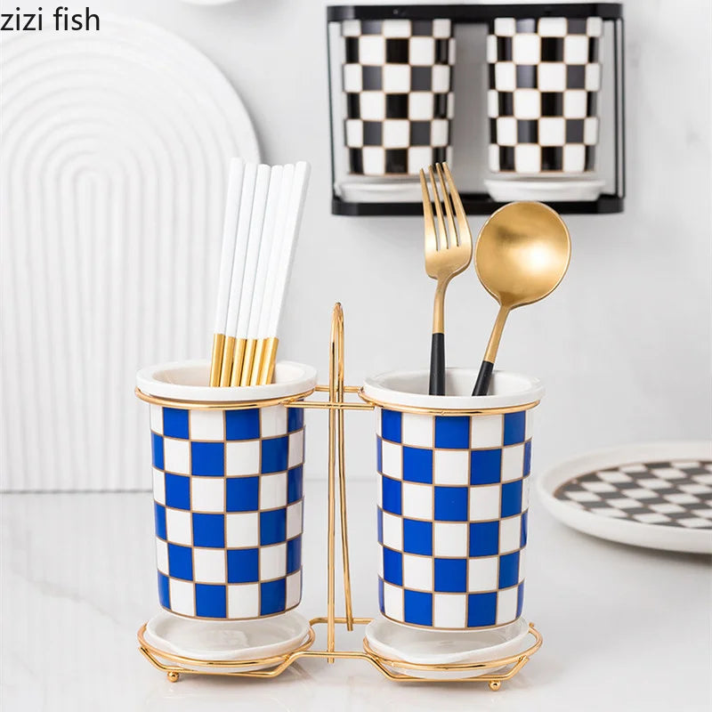 Checkerboard Ceramic Chopsticks Holder Drain Rack Chopsticks Basket Chopsticks Box Cutlery Box Storage Rack Wall-mounted Shelf