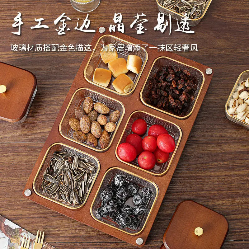 Deluxe Glass Fruit Snack Tray Household Living Room with Cover Grid Creative Dried Fruit Dim Sum Candy Tray