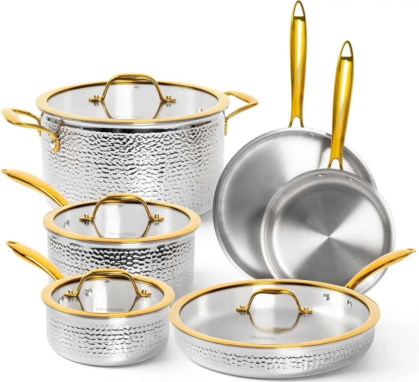 MICHELANGELO Hammered Stainless Steel 10 Piece Cookware Set With Gold Handle Induction Compatible Oven Safe Kitchen Pot