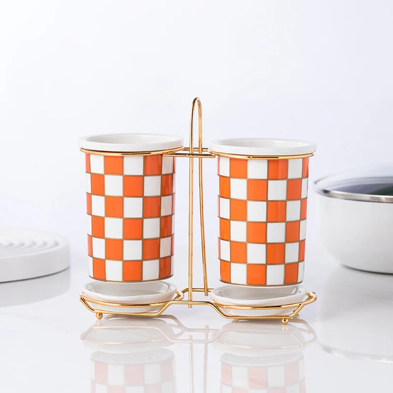 Checkerboard Ceramic Chopsticks Holder Drain Rack Chopsticks Basket Chopsticks Box Cutlery Box Storage Rack Wall-mounted Shelf
