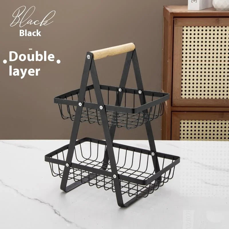 Wrought Iron Kitchen Storage Rack Double-Layer Fruit Vegetable Basket Portable Handheld Desktop Storage Holder