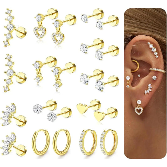 11 Pairs Flat Back Earrings for Women-20G Surgical Stainless Steel Stud Hoop Earring Set Tragus Helix Piercing Jewelry