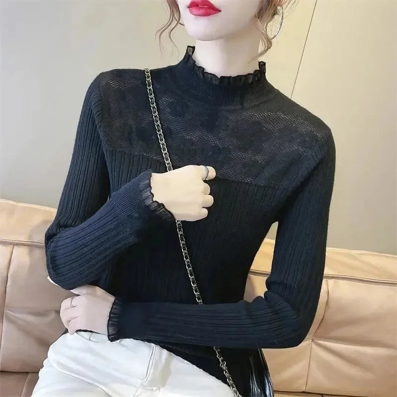Slimming Knitted Sweater Long Sleeve Pure Color Belted Waist Design Fashionable Anti-Aging Large Size Women's Clothing