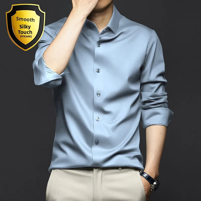 Business Casual Men's Long Sleeve Shirt Anti-Wrinkle Iron-Free Premium Ice Silk Black Slim Fit Polyester Fiber Square Collar