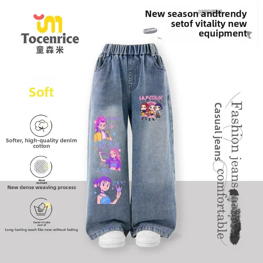 Kpop witch hunters children's jeans girls spring and autumn new straight trousers girls casual pants tide