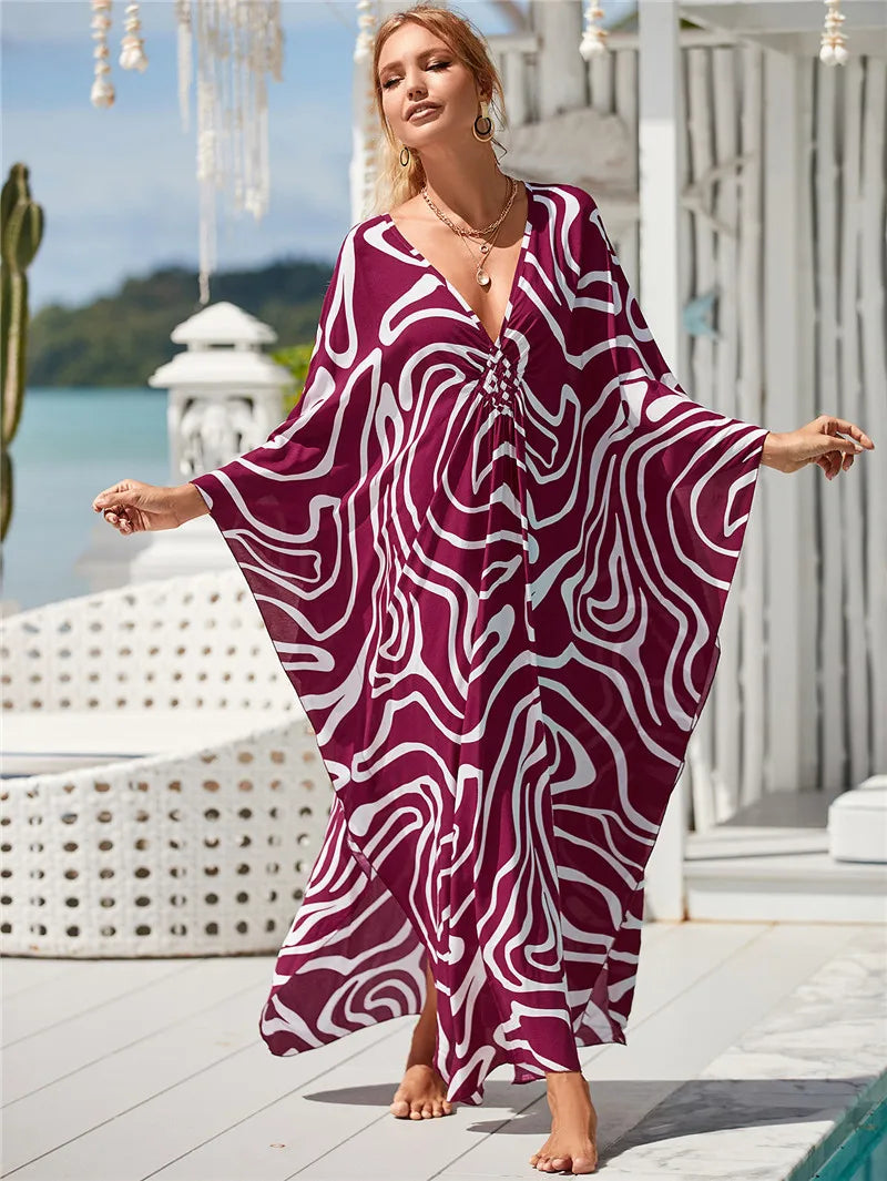Plus Size Womens Animal Print Kaftan Dresses Caftans Swimwear Coverups Summer Bathing Suit Long Beach Dress