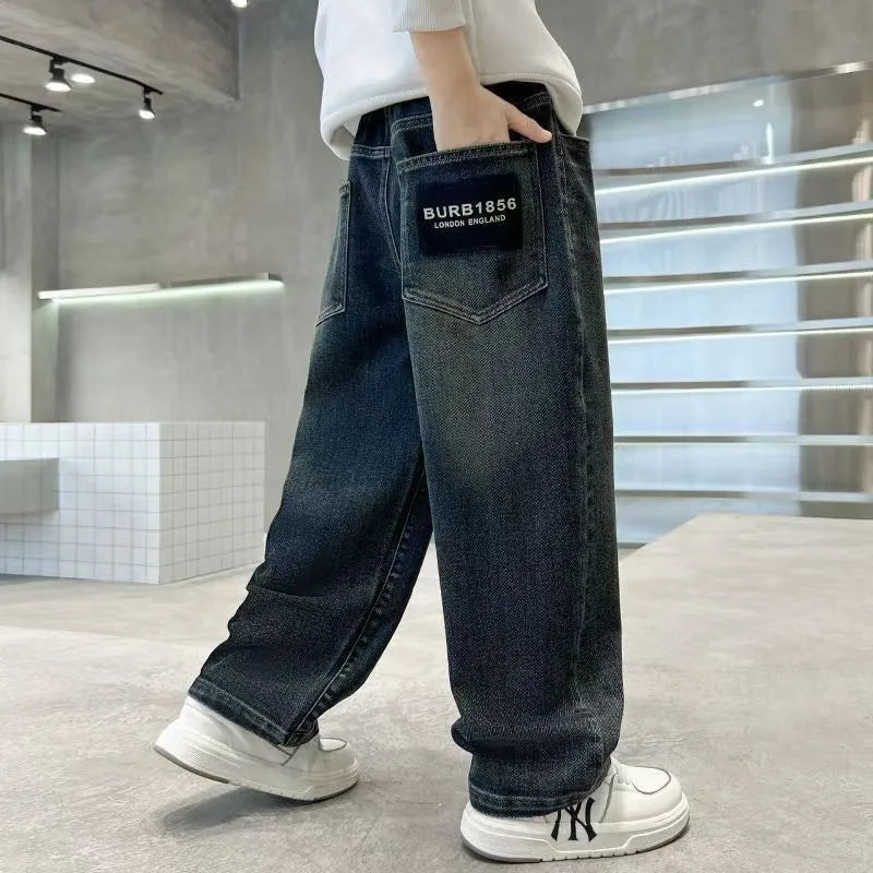 Spring Autumn Teenage Boys Denim Pants Kids Fashion Letter Jeans Pants Casual Loose Straight Trousers for 4-14 Years Old