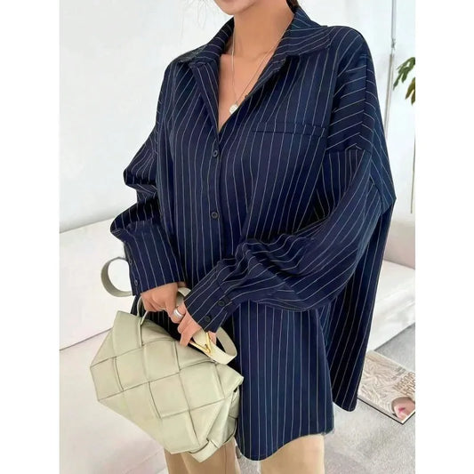 Plus Size Women's Elegant Long Sleeve Turn-down Collar Casual Baggy Shirts Women Vintage Classic Striped Blouse ﻿