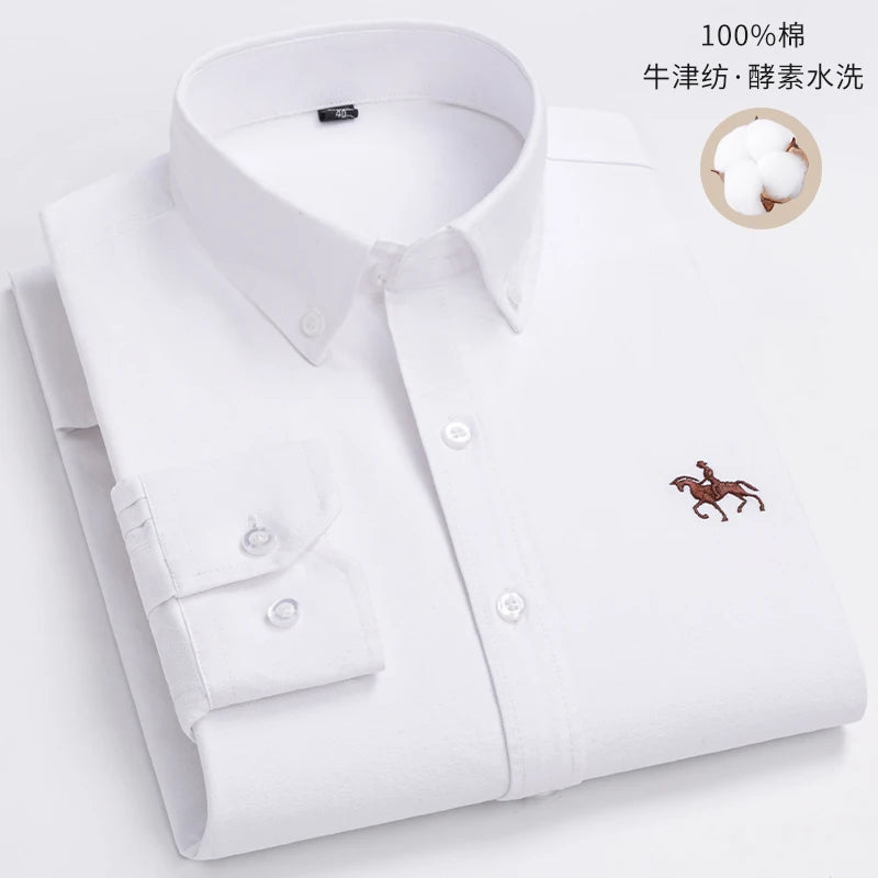 S~6XL Cotton Oxford Shirt For Mens Long Sleeve Plaid Striped Casual Shirts Male Pocket Regular-Fit Button-Down Work Man Shirt