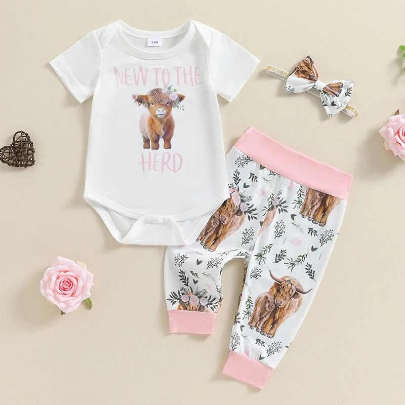 Citgeett Summer Infant Baby Girl Clothes Set Print Short Sleeve Romper Elastic Waist Pants Bow Headband Outfits