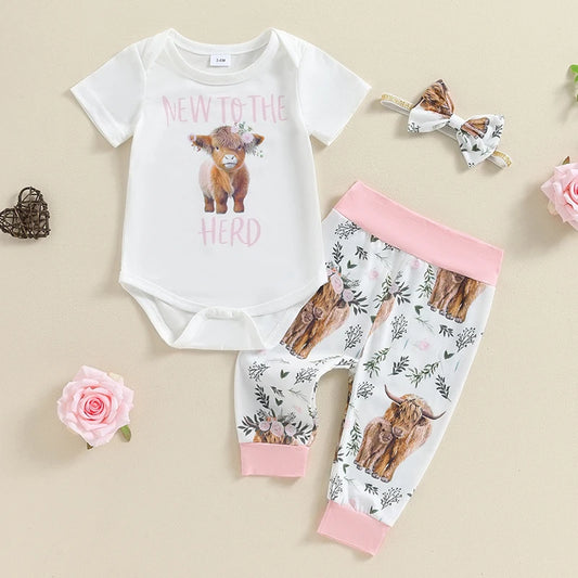 Citgeett Summer Infant Baby Girl Clothes Set Print Short Sleeve Romper Elastic Waist Pants Bow Headband Outfits