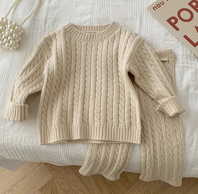 2025 Autumn Spring Korean Style Kids Knitted Clothing Set Long Sleeved Solid Color Knitted Pullover+Pants Baby Girl Clothes Suit