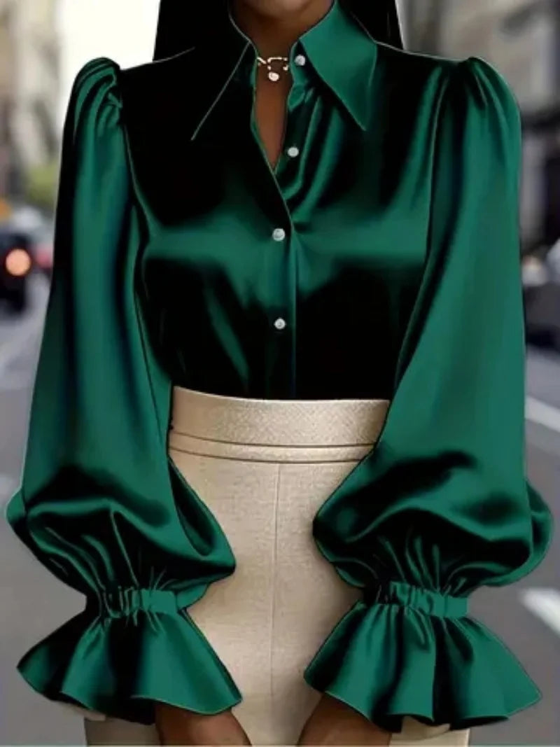 Elegant Satin Blouse with Ruffled Cuff Sleeves and Button-Down Collar - Chic Office & Casual Wear Top