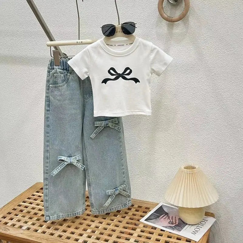 Summer Childrens Girls Clothing Sets Printed Bow Short Sleeve Top Jeans Suit Kids Girls 2pcs Sets 2-8 Years Girls Outfits
