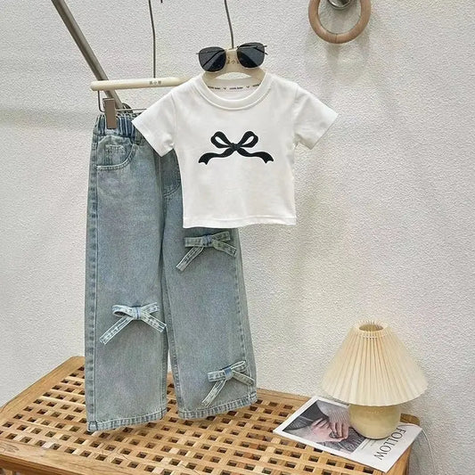 Summer Childrens Girls Clothing Sets Printed Bow Short Sleeve Top Jeans Suit Kids Girls 2pcs Sets 2-8 Years Girls Outfits
