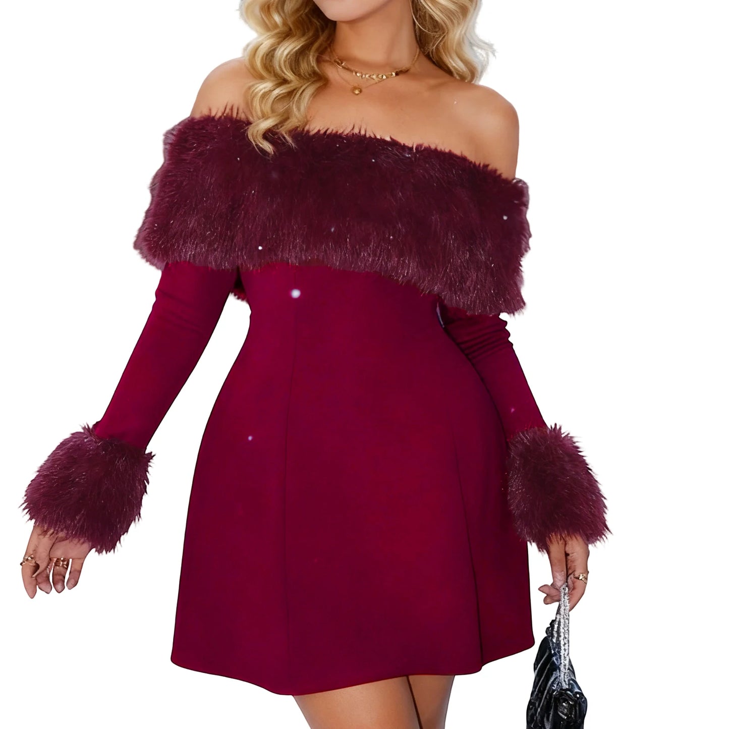 Women Off Shoulder Fur Trim A Line Mini Dress Elegant Lady Long Sleeve White Fluffy Dress Christmas Party Fur Dresses