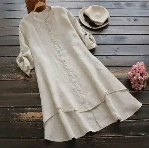 Fast Selling Spring SummerNew Women's Solid Color Button Cotton Linen Long Sleeve Long Length Shirt