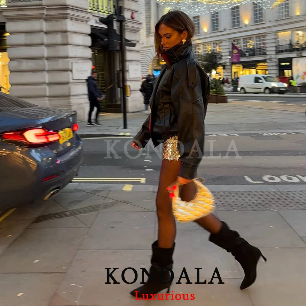 KONDALA Casual Chic Black Leather Jackets Women Long Sleeve Buttons Elastic Oversized Coats Fashion 2026 Fall Streetwear Coats