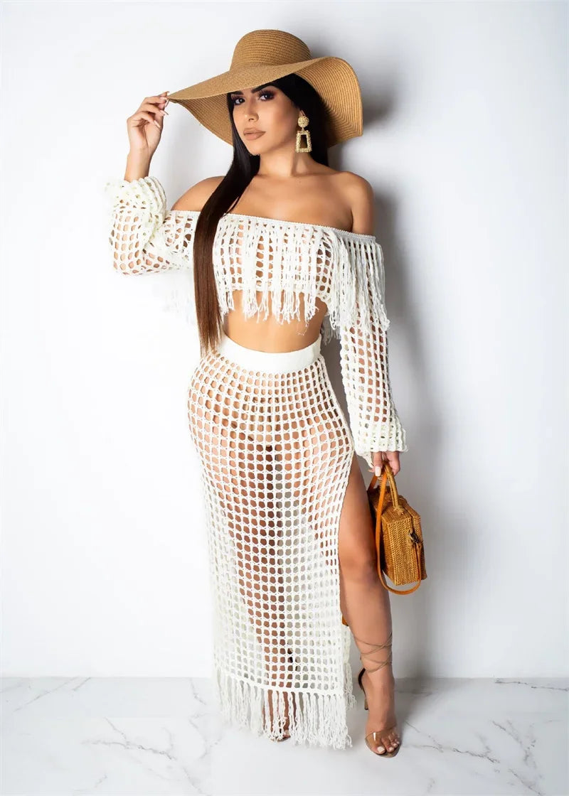 Fringed Tassel 2 Piece Sets Women Outfit Beach Wear Vacation Knitted Crochet Hollow Out See Through Crop Top and Long Skirt Sets