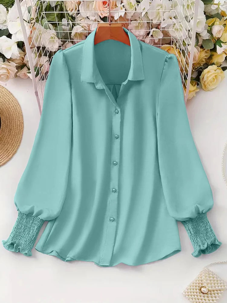 Plus Size 2025 Spring and Summer New Women's Casual Puff Sleeve Blouse Solid