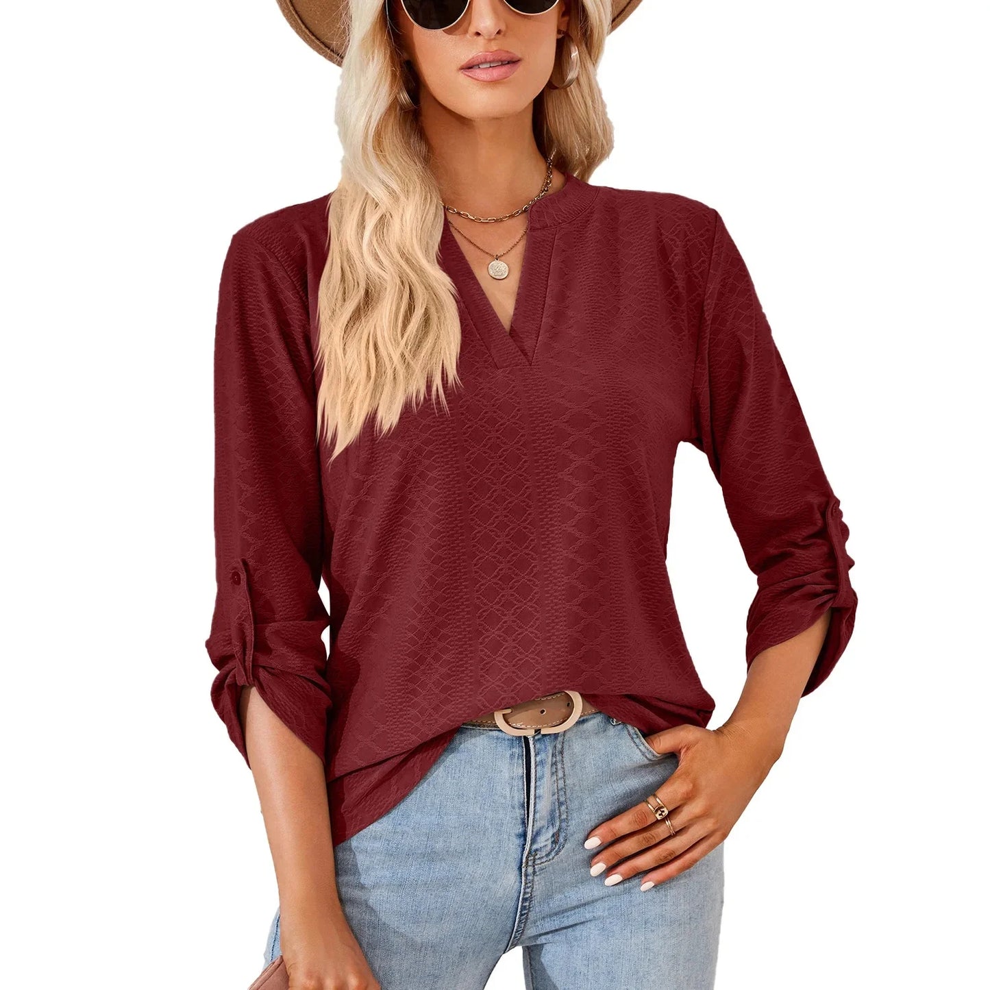 Loose Button-Up V-Neck Seven-Sleeve T-Shirt Women's Autumn Winter New Style Pure Color Casual Top Comfortable Silk Material