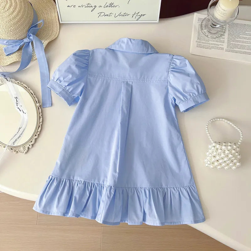New Arrivals Girls' Dress Summer Fashion Kids' Turn-down Collar Puff Sleeve Dress Cute Rabbit Cotton Princess Dress Casual Style