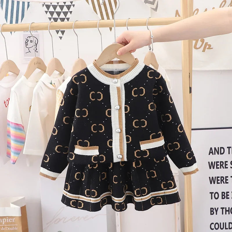 Children's Sweaters Knit Cardigan Top + Pleated Skirt 2pcs Sets Kids Clothes Girls Knitted Sweater Winter Clothes for Girls
