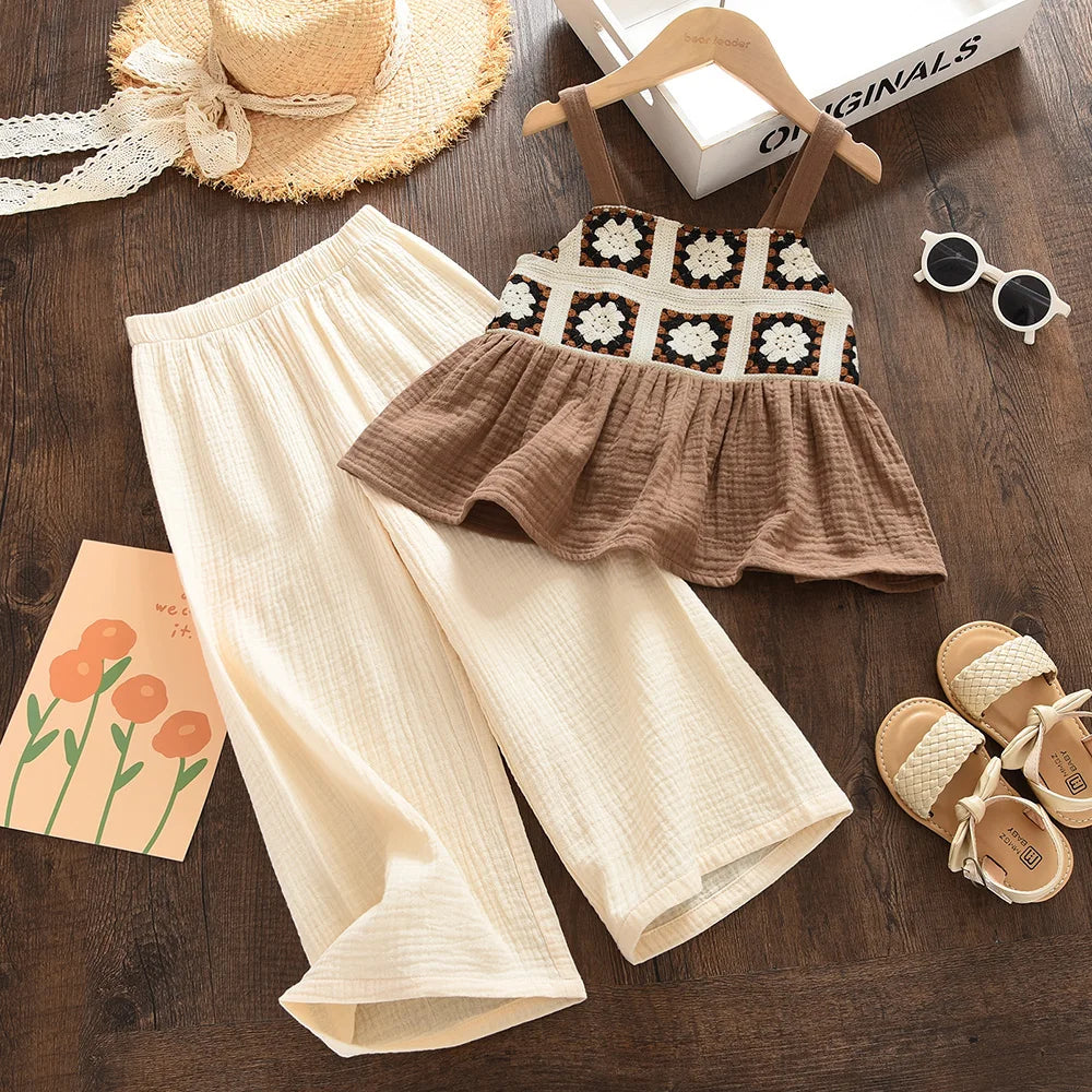Bear Leader Girls' Summer Clothes Brown Retro Printed Plaid Top + Beige Pants Two-piece Set 3-7 Years Old Kids Casual Wear