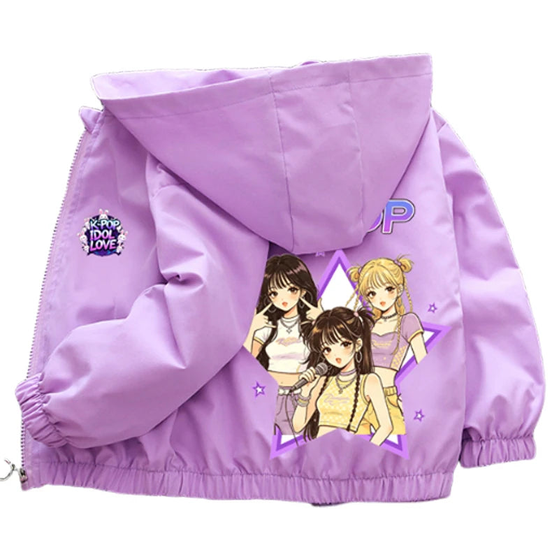 K-pop Idol Print Hooded Jacket for Girls 2026 New Spring Autumn Children Waterproof Windbreaker Coat Kids Daily Casual Outerwear