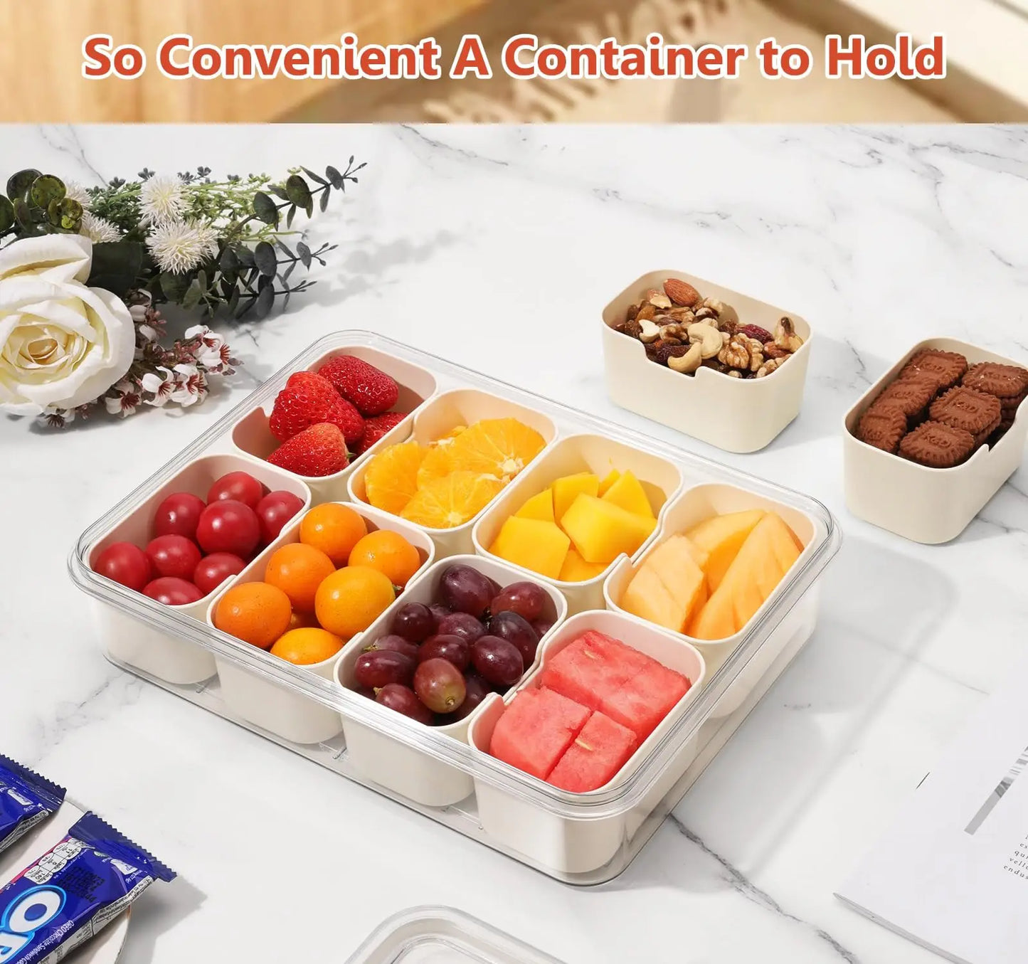 4/8 Grids Snackle Box Container Divided Serving Tray with Lid and Handle Portable Snack Platters for Fruits Snacks Perfect