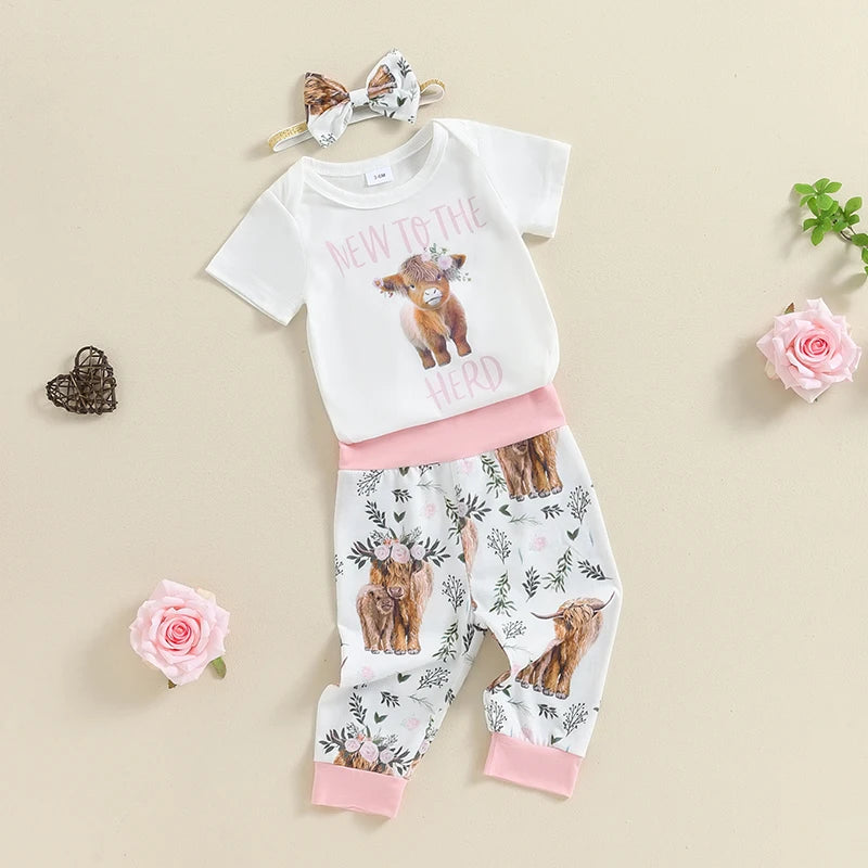 Citgeett Summer Infant Baby Girl Clothes Set Print Short Sleeve Romper Elastic Waist Pants Bow Headband Outfits